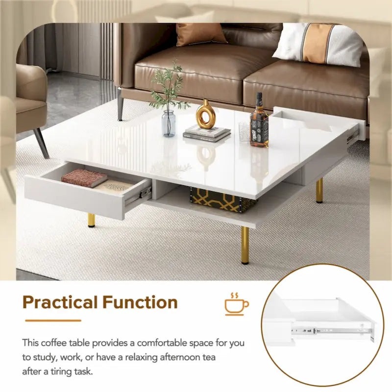 Exquisite High Gloss Coffee Table with 4 Golden Legs and 2 Small Drawers, 2-Tier Square Center Table for Living Room