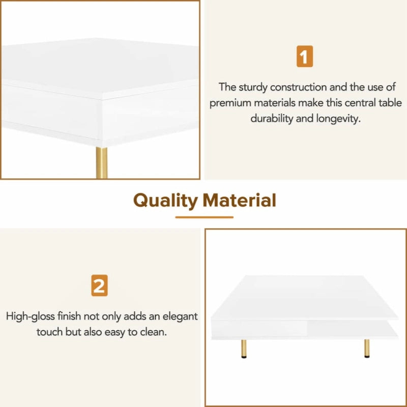 Exquisite High Gloss Coffee Table with 4 Golden Legs and 2 Small Drawers, 2-Tier Square Center Table for Living Room