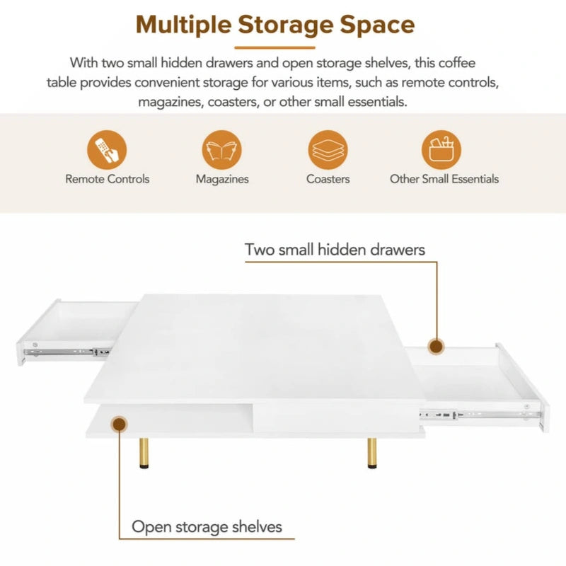 Exquisite High Gloss Coffee Table with 4 Golden Legs and 2 Small Drawers, 2-Tier Square Center Table for Living Room