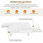 Exquisite High Gloss Coffee Table with 4 Golden Legs and 2 Small Drawers, 2-Tier Square Center Table for Living Room