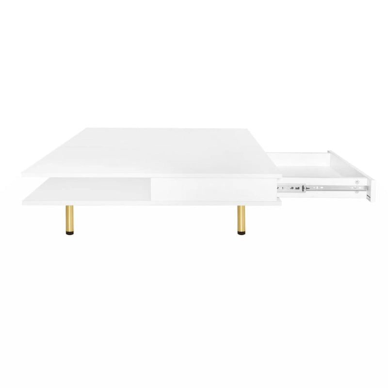 Exquisite High Gloss Coffee Table with 4 Golden Legs and 2 Small Drawers, 2-Tier Square Center Table for Living Room
