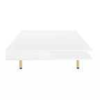 Exquisite High Gloss Coffee Table with 4 Golden Legs and 2 Small Drawers, 2-Tier Square Center Table for Living Room