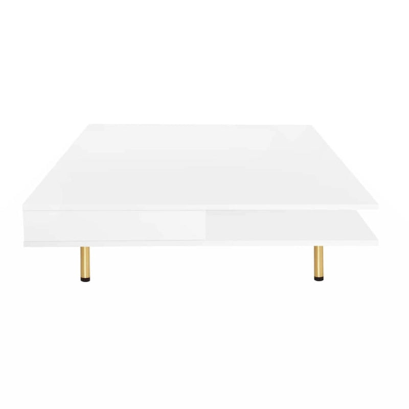 Exquisite High Gloss Coffee Table with 4 Golden Legs and 2 Small Drawers, 2-Tier Square Center Table for Living Room