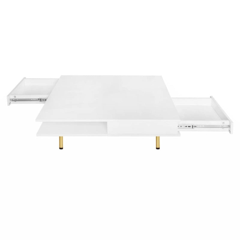 Exquisite High Gloss Coffee Table with 4 Golden Legs and 2 Small Drawers, 2-Tier Square Center Table for Living Room