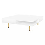 Exquisite High Gloss Coffee Table with 4 Golden Legs and 2 Small Drawers, 2-Tier Square Center Table for Living Room
