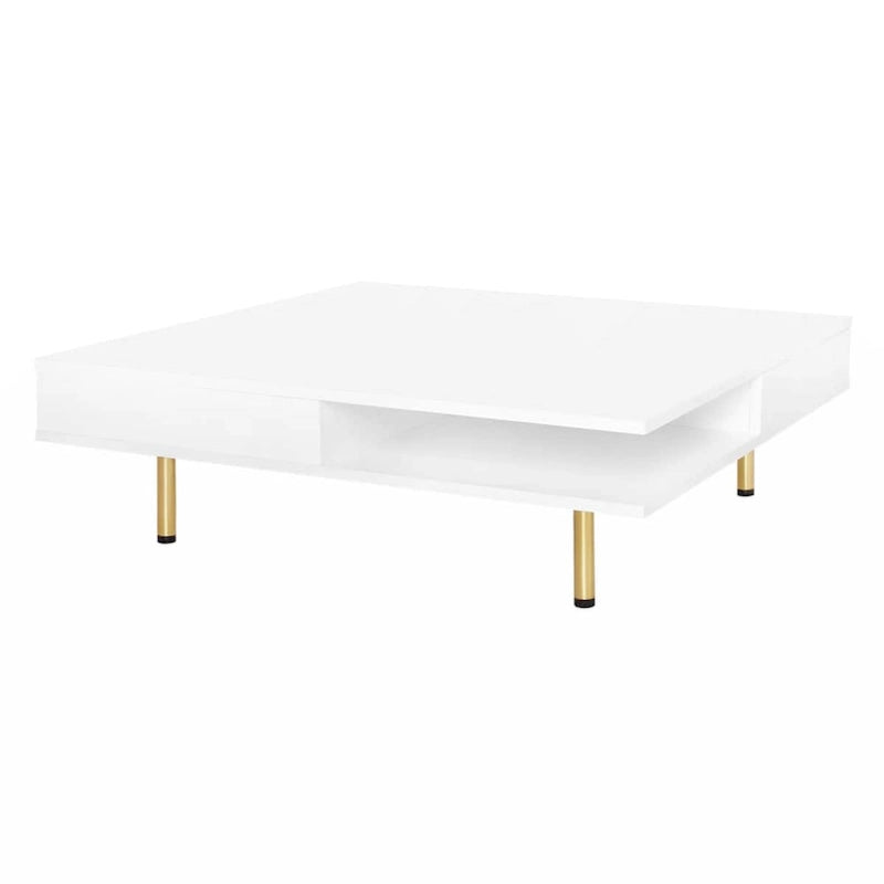 Exquisite High Gloss Coffee Table with 4 Golden Legs and 2 Small Drawers, 2-Tier Square Center Table for Living Room
