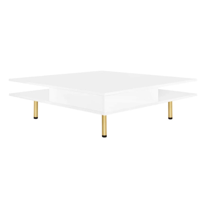 Exquisite High Gloss Coffee Table with 4 Golden Legs and 2 Small Drawers, 2-Tier Square Center Table for Living Room