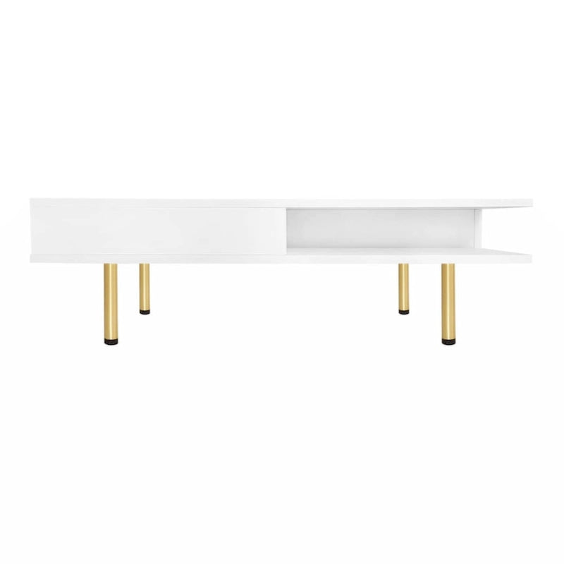 Exquisite High Gloss Coffee Table with 4 Golden Legs and 2 Small Drawers, 2-Tier Square Center Table for Living Room