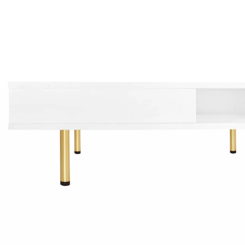 Exquisite High Gloss Coffee Table with 4 Golden Legs and 2 Small Drawers, 2-Tier Square Center Table for Living Room