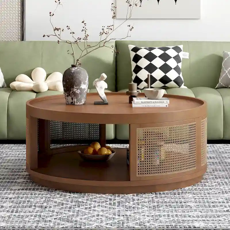 Round Cane Coffee Table with PE Rattan Side