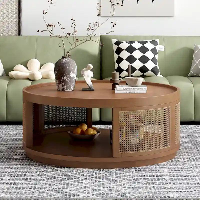 Round Cane Coffee Table with PE Rattan Side