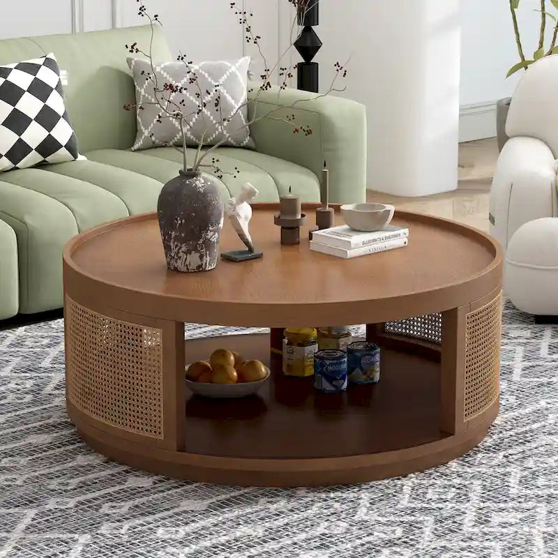 Round Cane Coffee Table with PE Rattan Side