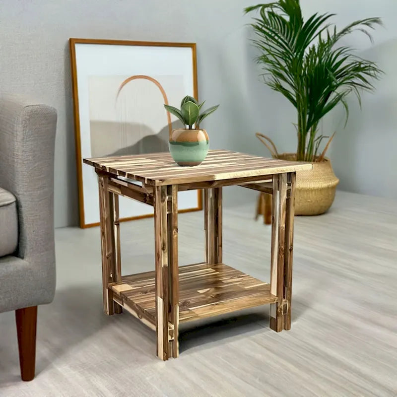 Acacia Wood Architectural End Table with Shelf