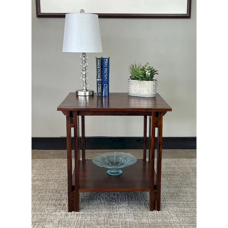 Acacia Wood Architectural End Table with Shelf