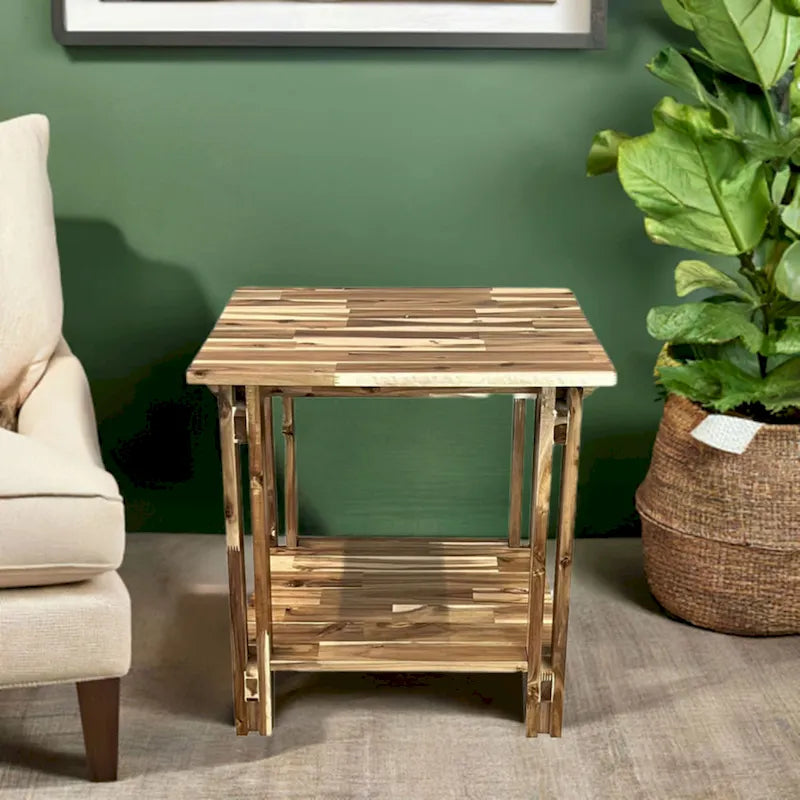 Acacia Wood Architectural End Table with Shelf