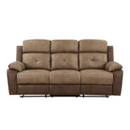 Emma 84 Inch Double Manual Recliner Sofa, Soft Brown Microfiber, Solid Wood
