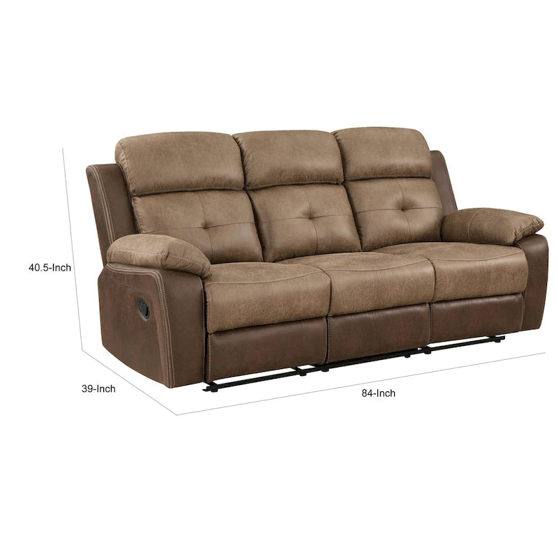 Emma 84 Inch Double Manual Recliner Sofa, Soft Brown Microfiber, Solid Wood