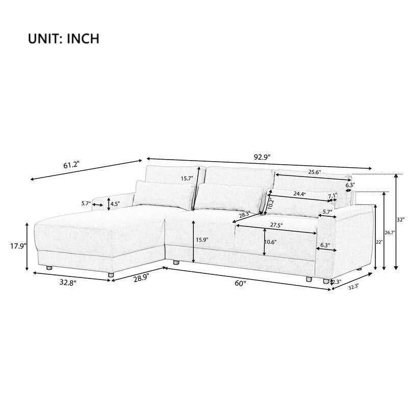 92.9W L-shaped Modular Sectional Sofa with Cushions and 3 Pillows