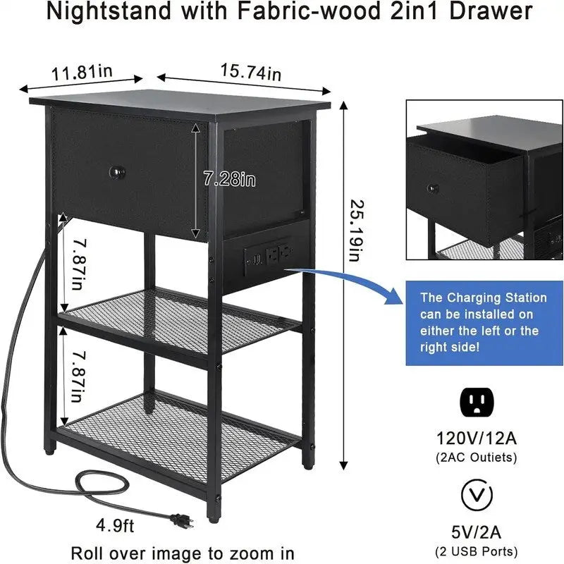 Nightstand with Charging Station - 11.81D x 15.74W x 25.19H
