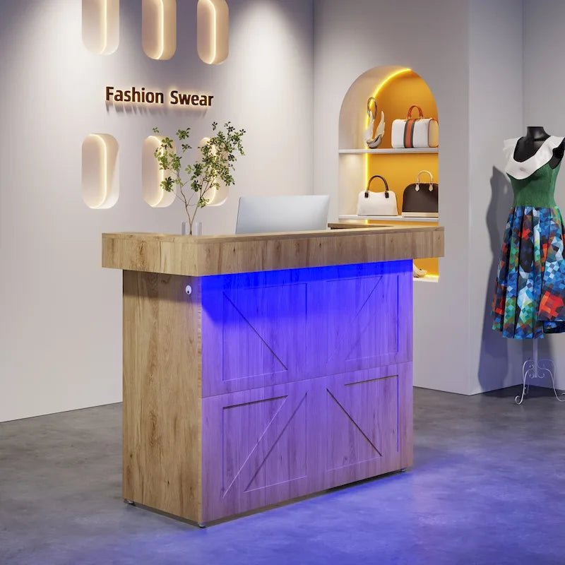 Reception Desk with Light, Modern Front Desk with 2 Grommets