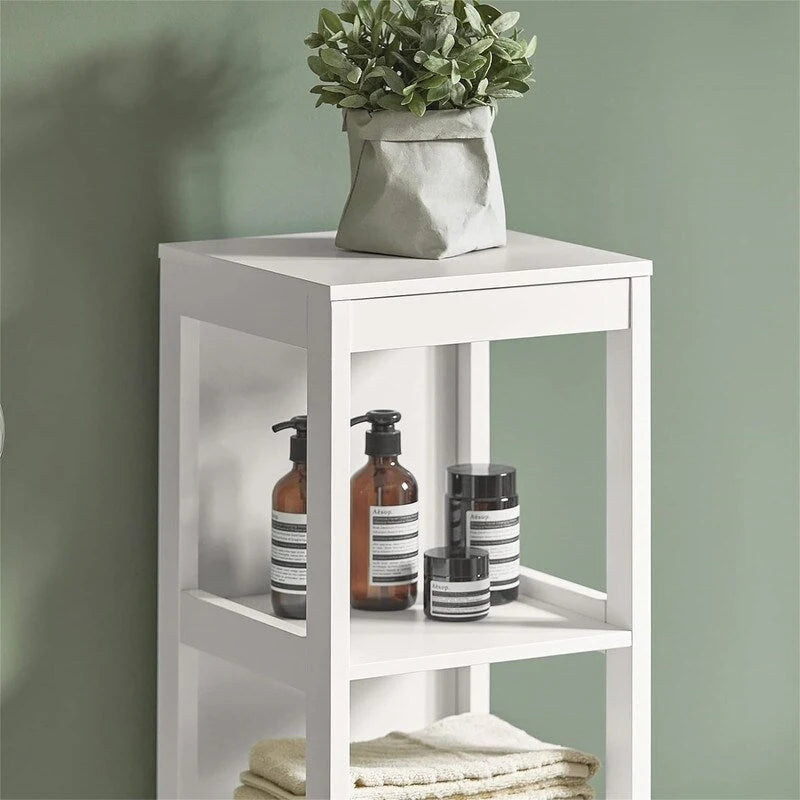 White Tall Bathroom Storage Cabinet with Shelves and Drawers