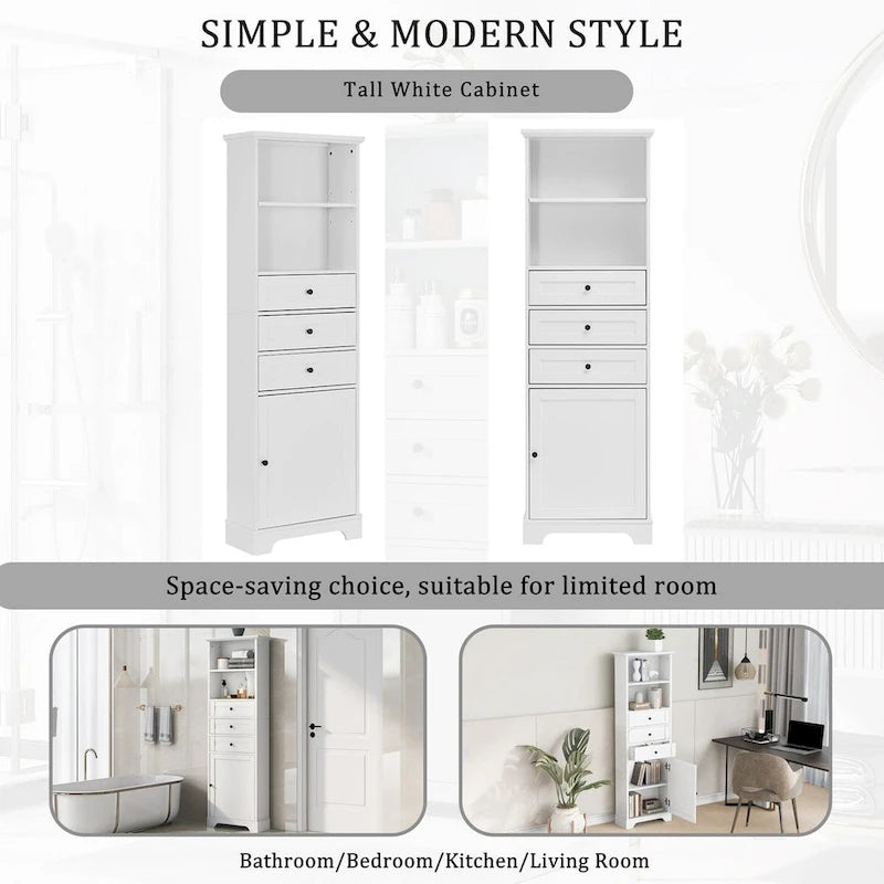 68 Tall Freestanding Bathroom Cabinet with 3 Drawers and Adjustable Shelves