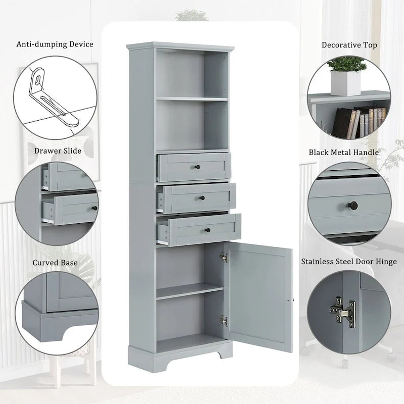68 Tall Freestanding Bathroom Cabinet with 3 Drawers and Adjustable Shelves
