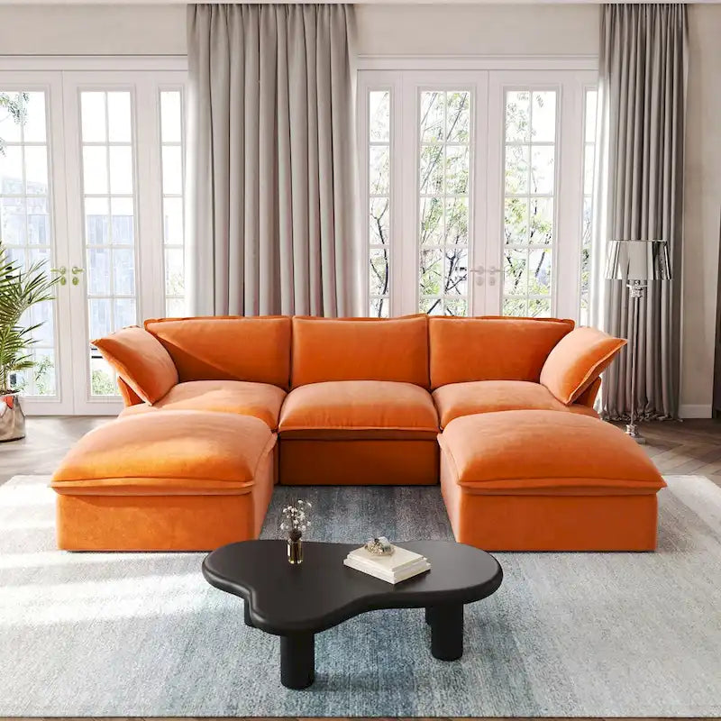 U Shape Couch Sectional for Living Room, Velvet Convertible Sectional Sofa With Ottomans