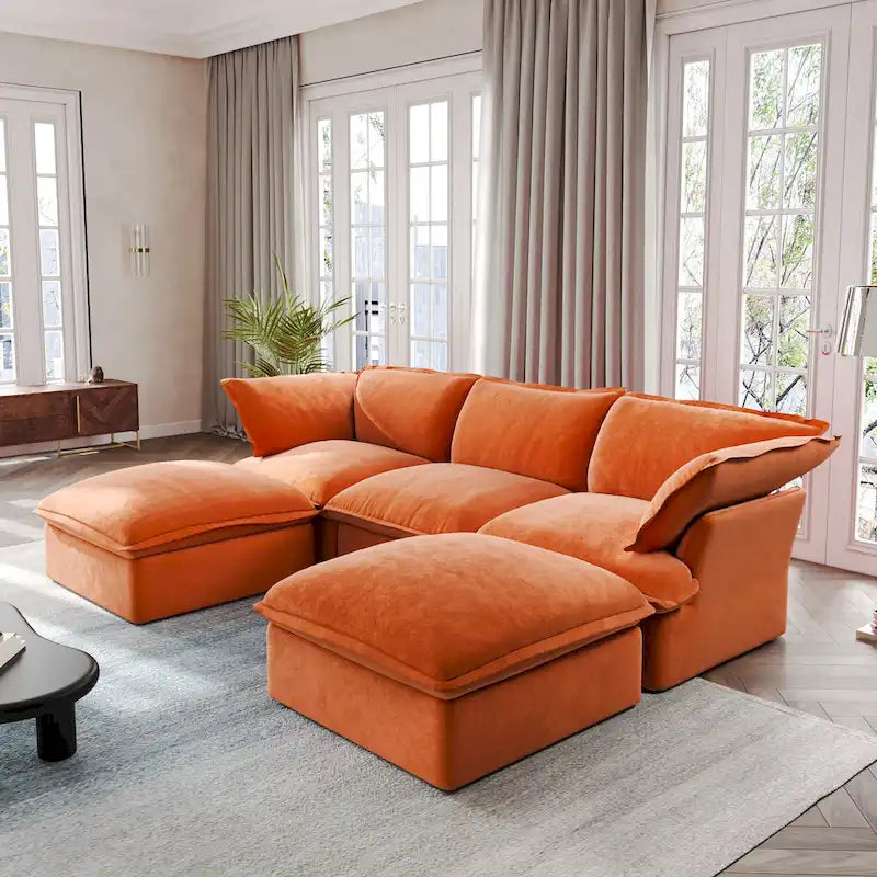 U Shape Couch Sectional for Living Room, Velvet Convertible Sectional Sofa With Ottomans