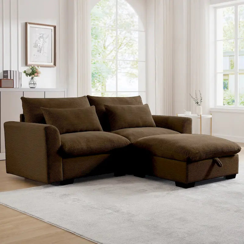 Sectional Sofa Comfy Corduroy Couch with Pillows and Round Armrests,Corduroy Sofa Sleeper Deep Couches with Storage Ottoman