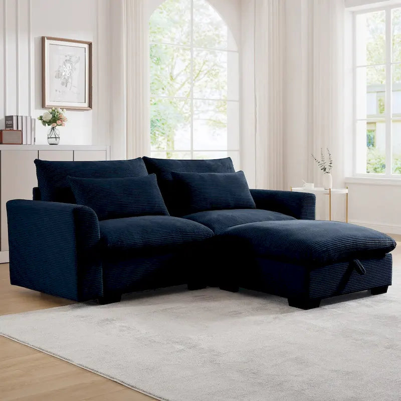 Sectional Sofa Comfy Corduroy Couch with Pillows and Round Armrests,Corduroy Sofa Sleeper Deep Couches with Storage Ottoman