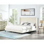 Beige Velvet Wingback Platform Bed, King, No Box Spring Need, Easy to Assemble