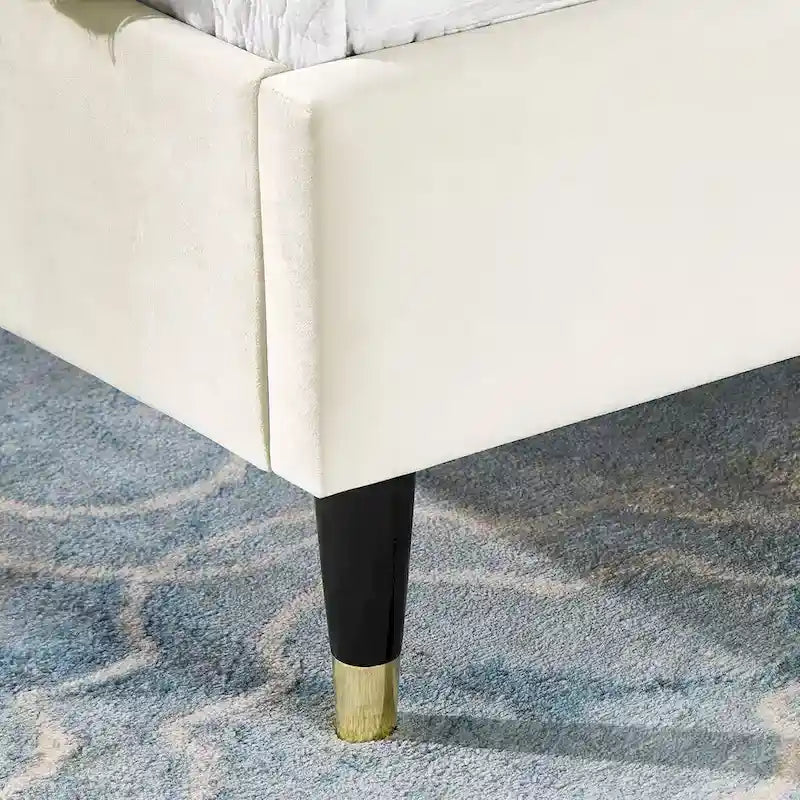 Beige Velvet Wingback Platform Bed, King, No Box Spring Need, Easy to Assemble