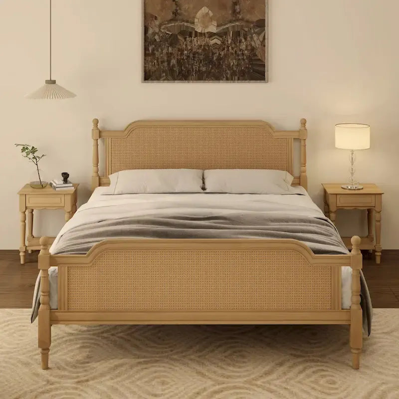 Traditional Style Rattan Platform Bed Frame No Box Spring Needed