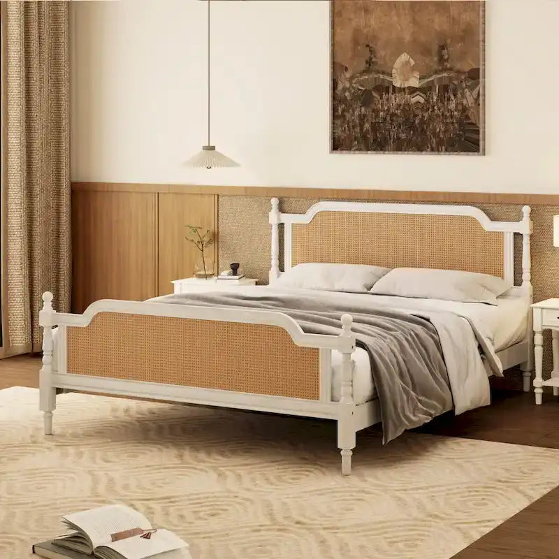 Traditional Style Rattan Platform Bed Frame No Box Spring Needed