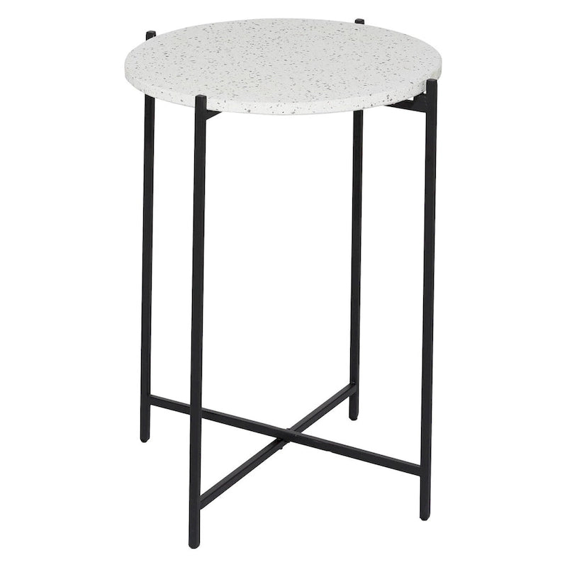 Terrazzo Stone Side End Accent Table with Black Metal X-Stand - White - Roche River Decor