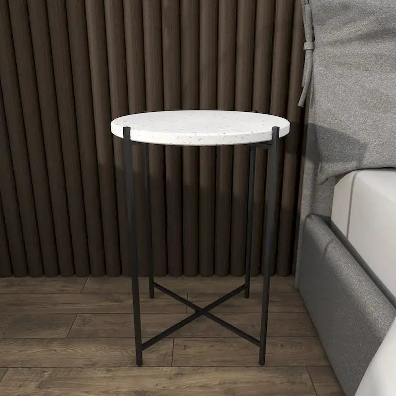 Terrazzo Stone Side End Accent Table with Black Metal X-Stand - White - Roche River Decor