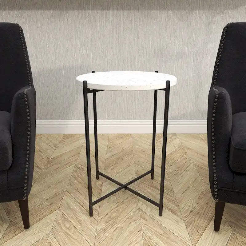 Terrazzo Stone Side End Accent Table with Black Metal X-Stand - White - Roche River Decor