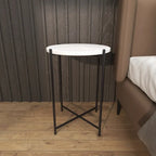 Terrazzo Stone Side End Accent Table with Black Metal X-Stand - White - Roche River Decor