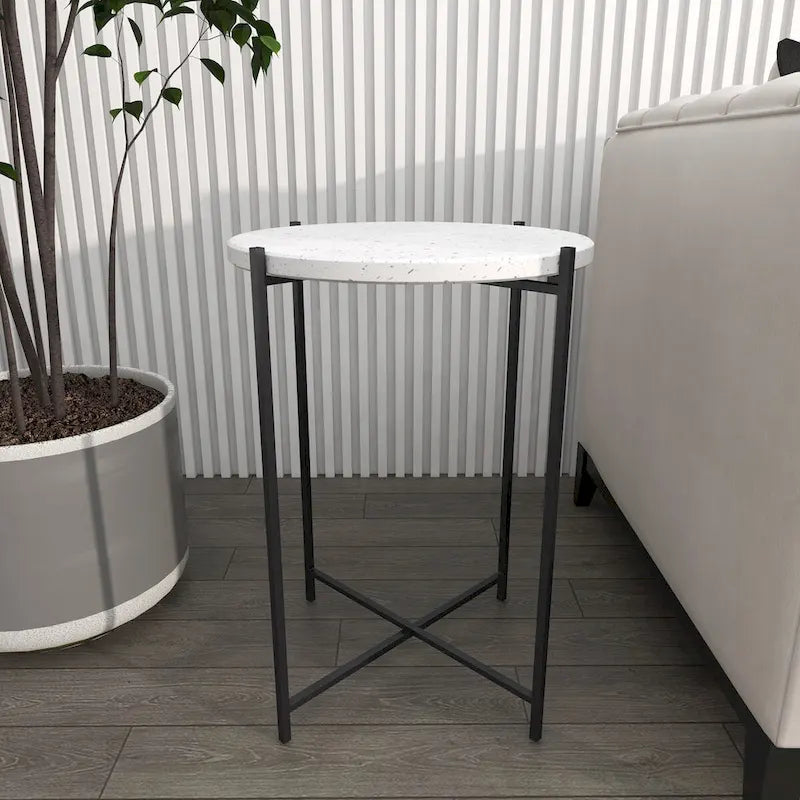 Terrazzo Stone Side End Accent Table with Black Metal X-Stand - White - Roche River Decor