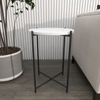 Terrazzo Stone Side End Accent Table with Black Metal X-Stand - White - Roche River Decor
