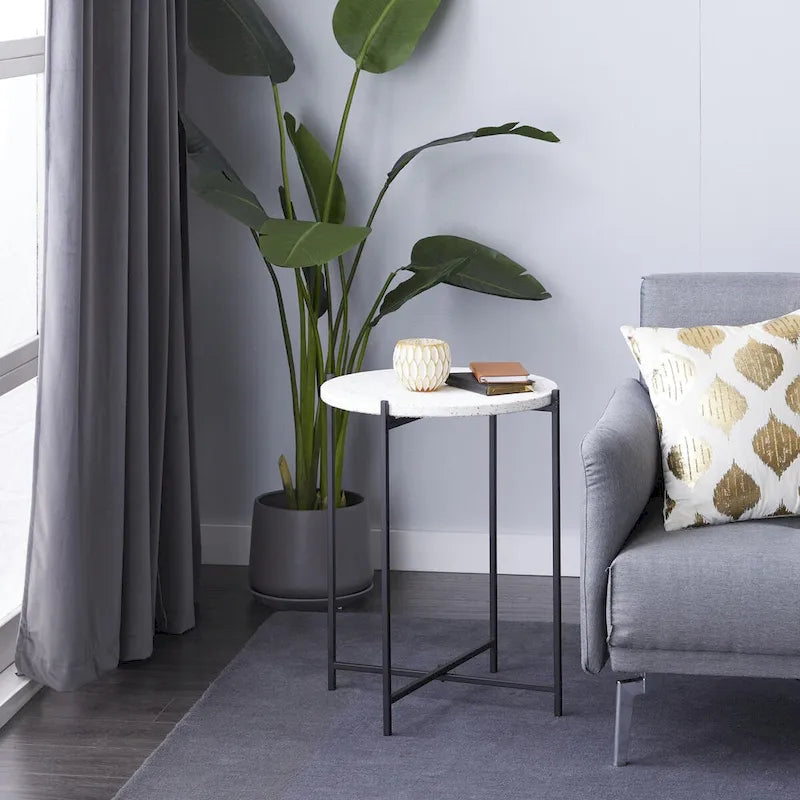 Terrazzo Stone Side End Accent Table with Black Metal X-Stand - White - Roche River Decor