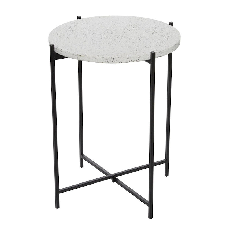 Terrazzo Stone Side End Accent Table with Black Metal X-Stand - White - Roche River Decor