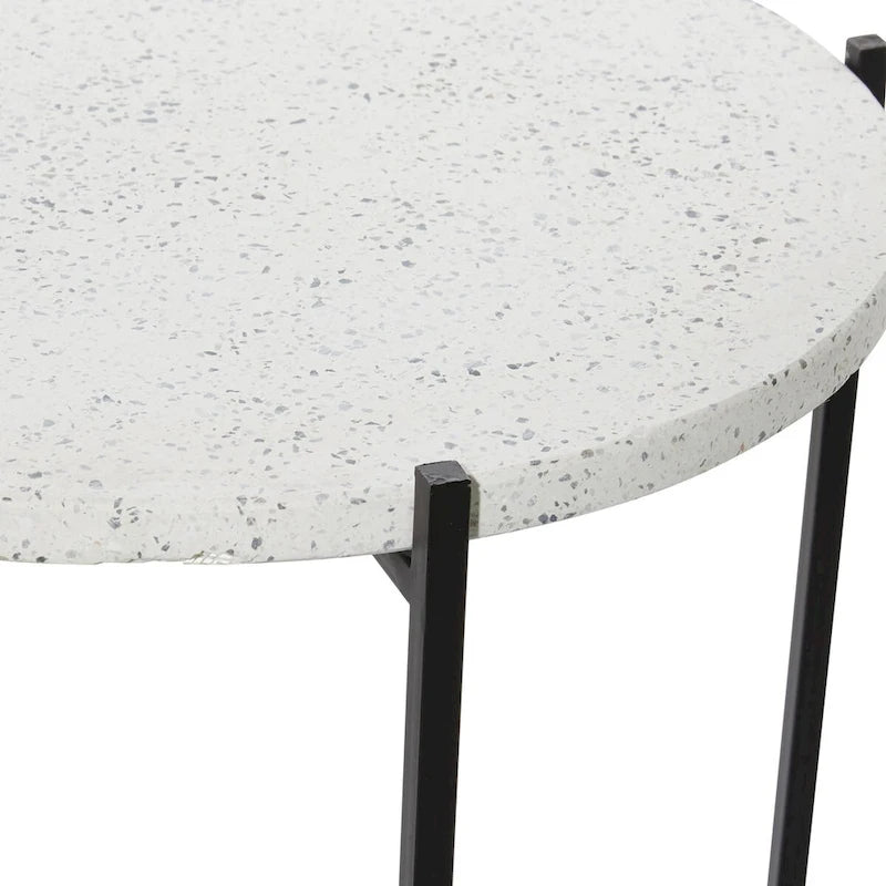Terrazzo Stone Side End Accent Table with Black Metal X-Stand - White - Roche River Decor