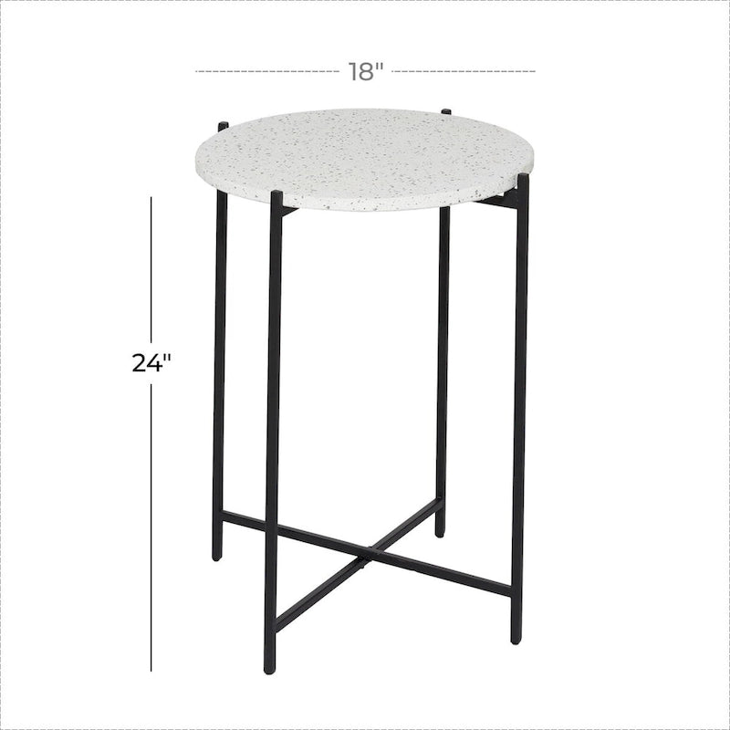 Terrazzo Stone Side End Accent Table with Black Metal X-Stand - White - Roche River Decor