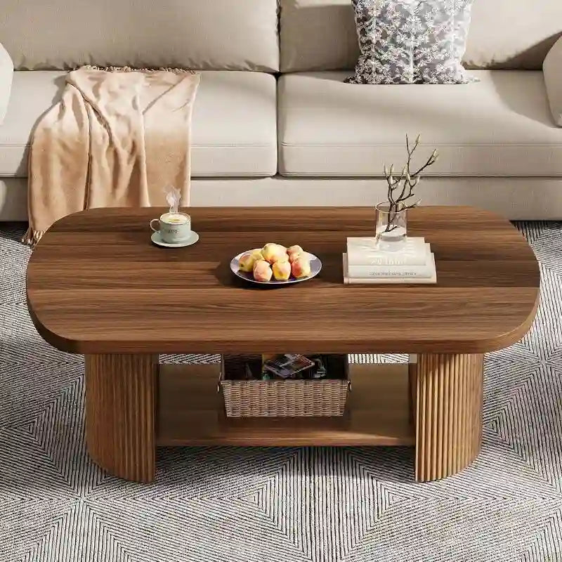 Rustic Coffee Table Wood Tea Table with Storage Shelves