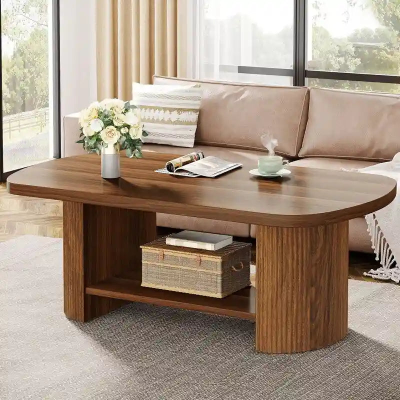 Rustic Coffee Table Wood Tea Table with Storage Shelves