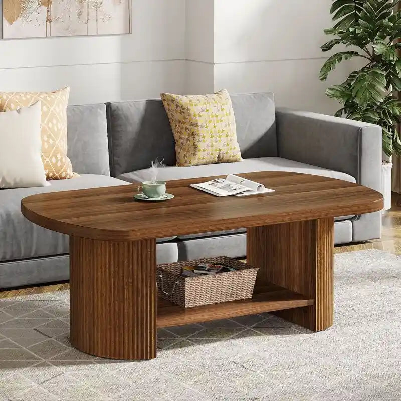 Rustic Coffee Table Wood Tea Table with Storage Shelves