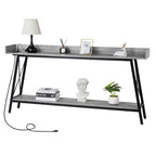 70.9 inch Console Table with 2 Power Outlets and USB Ports, Rustic Industrial Sofa Table for Living Room
