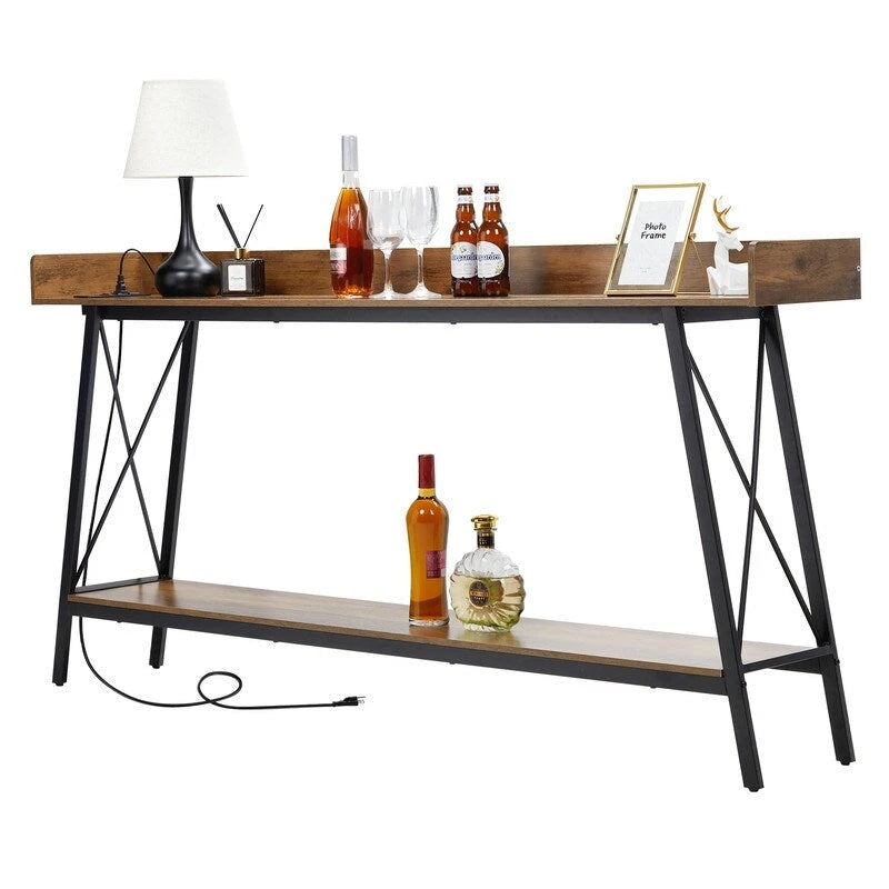 70.9 inch Console Table with 2 Power Outlets and USB Ports, Rustic Industrial Sofa Table for Living Room